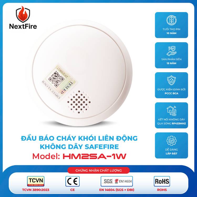 Đầu báo cháy khói liên động không dây SAFEFIRE HM2SA-1W Đầu báo cháy khói liên động không dây SAFEFIRE HM2SA-1W